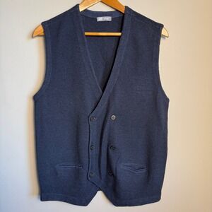 FRADI Mens Blue Wool V-Neck Button Up Sweater Vest Made In‎ Italy Grandpacore